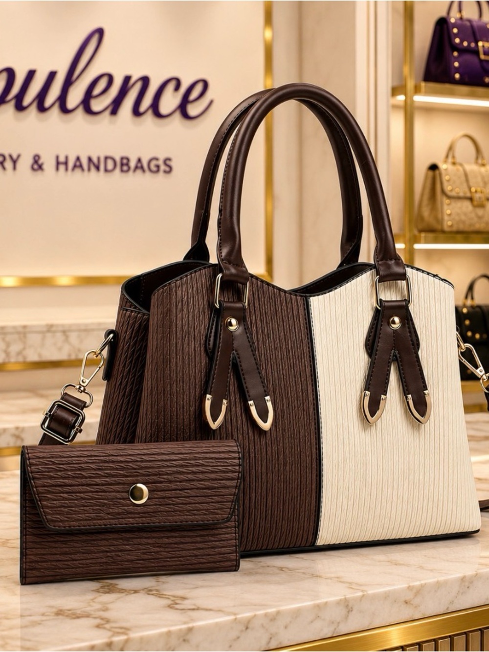 Two-Tone Brown & Cream Structured Tote Bag with Wallet